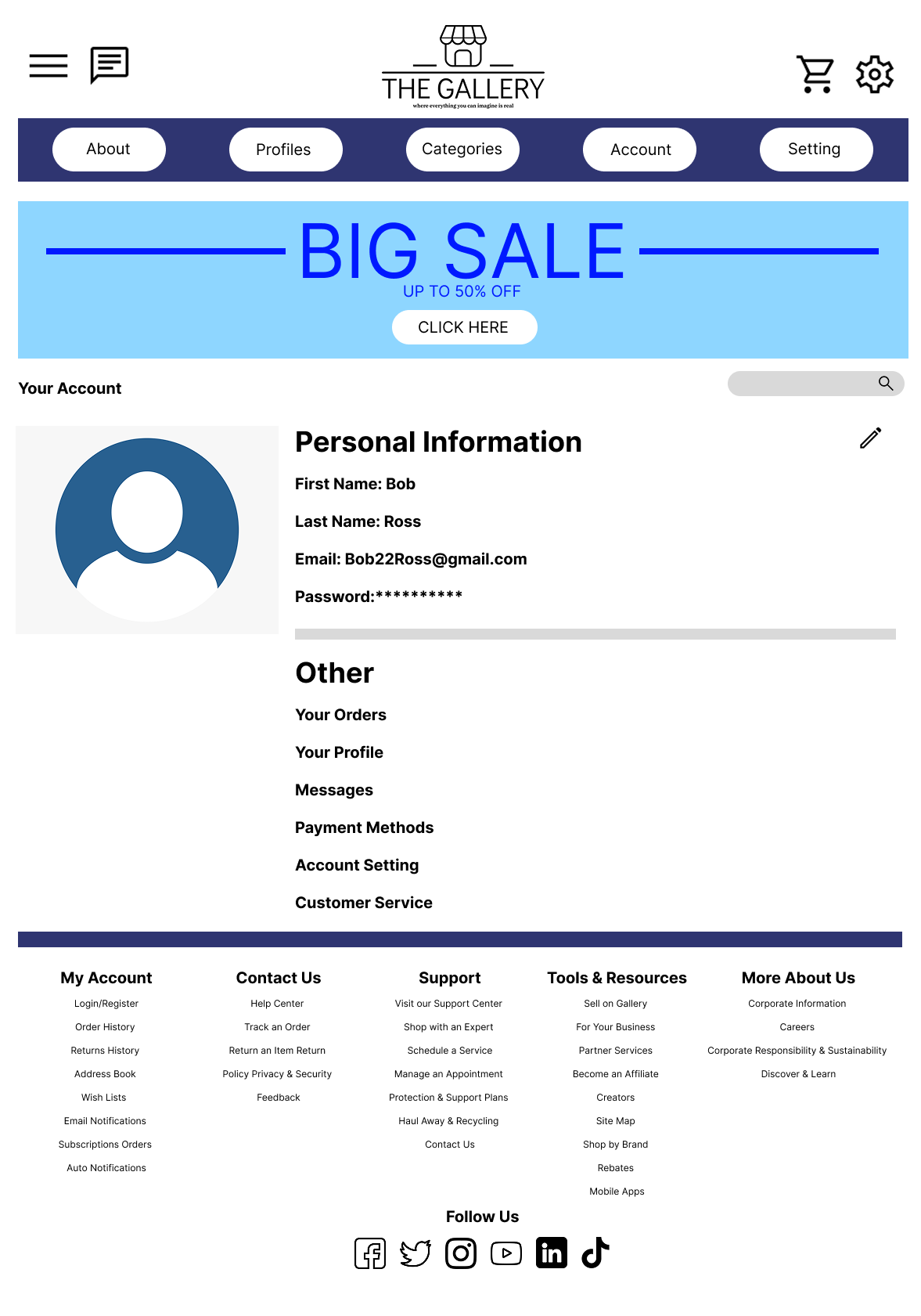 the gallery account page